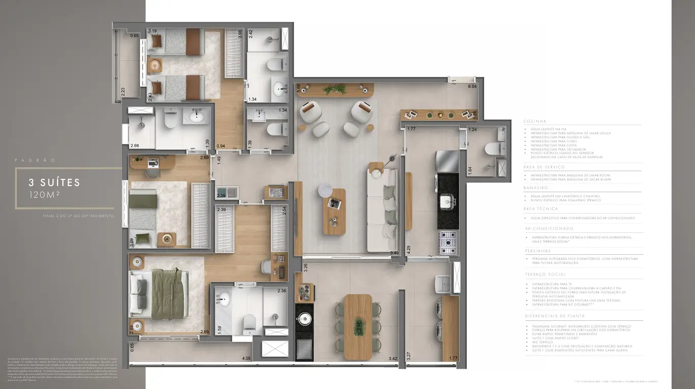 Planta 3 Suítes 120m