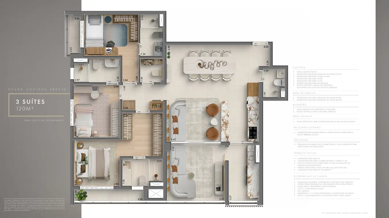 Planta 3 Suítes 120m