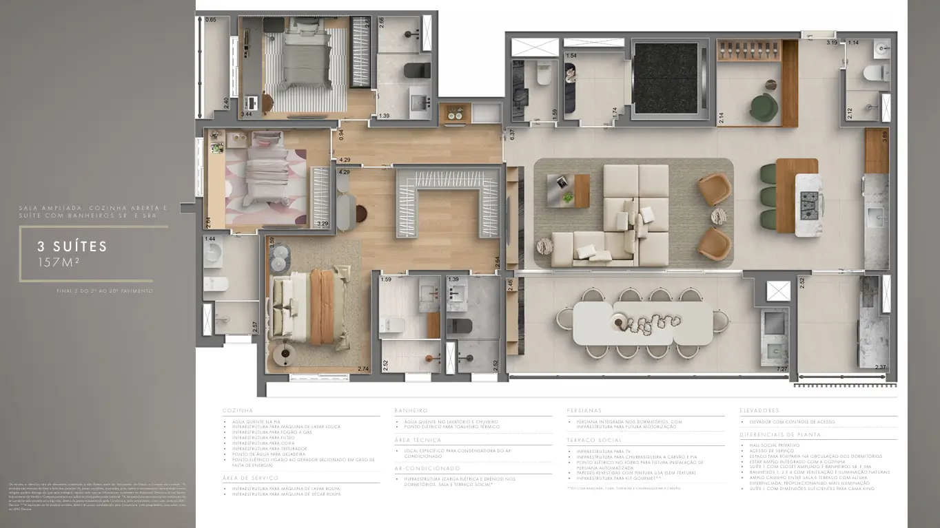 Planta 3 Suítes 157m