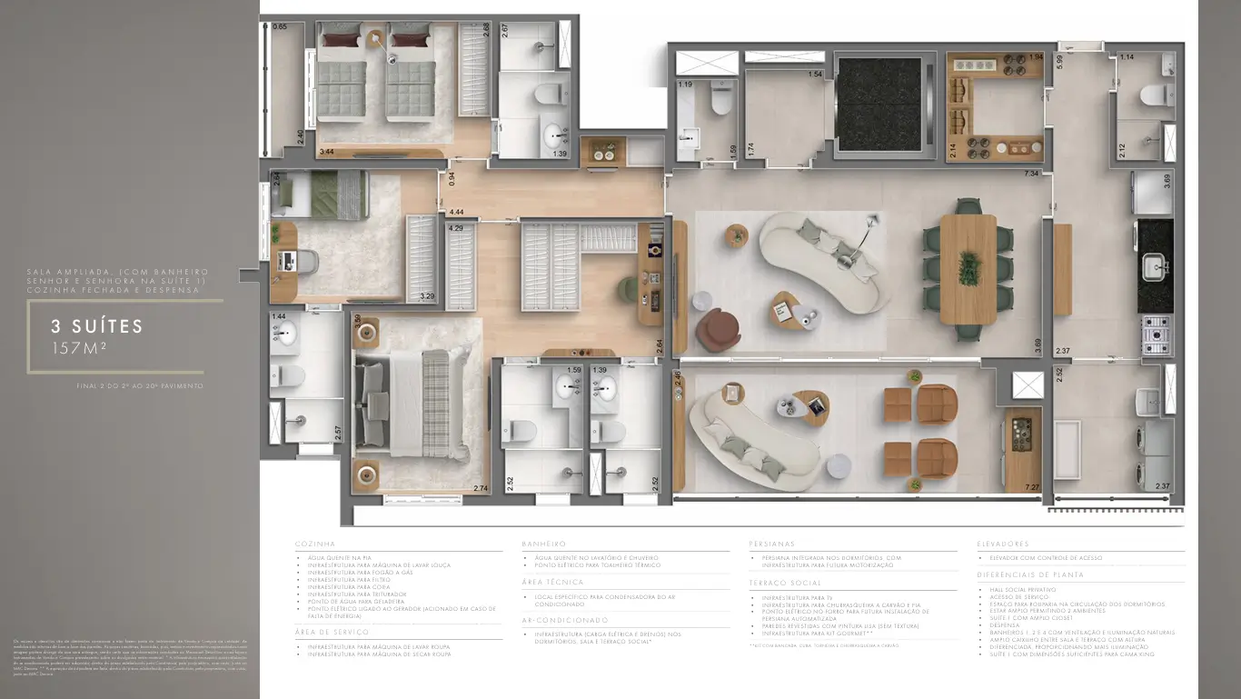 Planta 3 Suítes 157m
